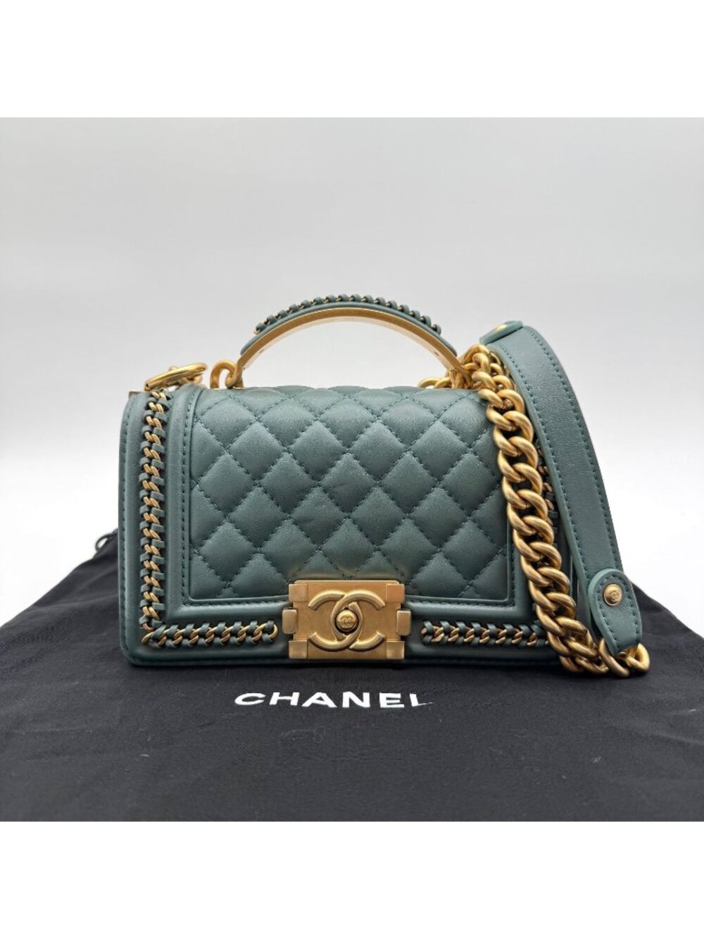 Chanel Shoulder Bag Boy Top Handle CC Logo Leather